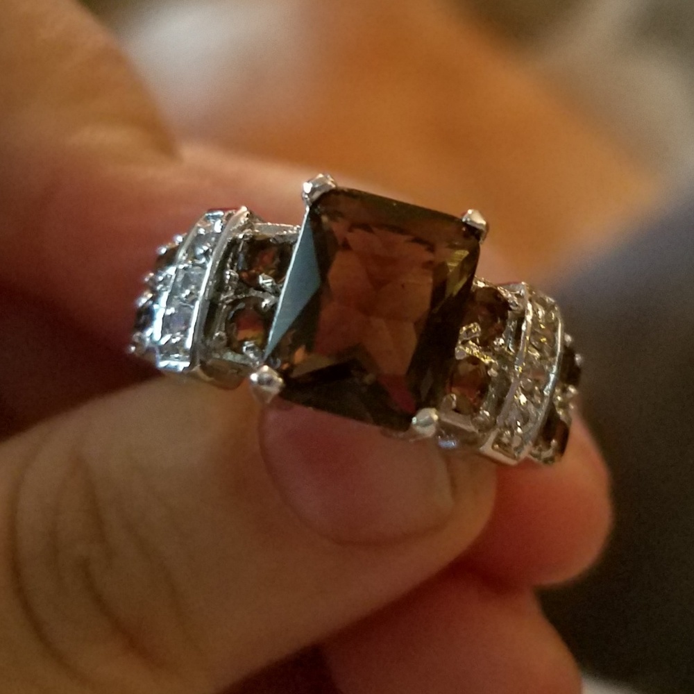 Smoky Brown Quartz and White Crystal Ring